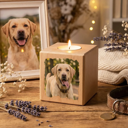 Cube photophore en bois avec photo de chien. Bougie allumée, entourée de lavande et d'un cadre photo.