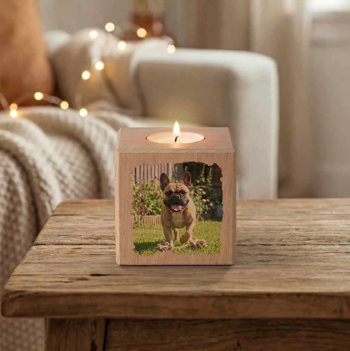 Cube photophore en bois personnalisé avec photo et bougie allumée sur le dessus.