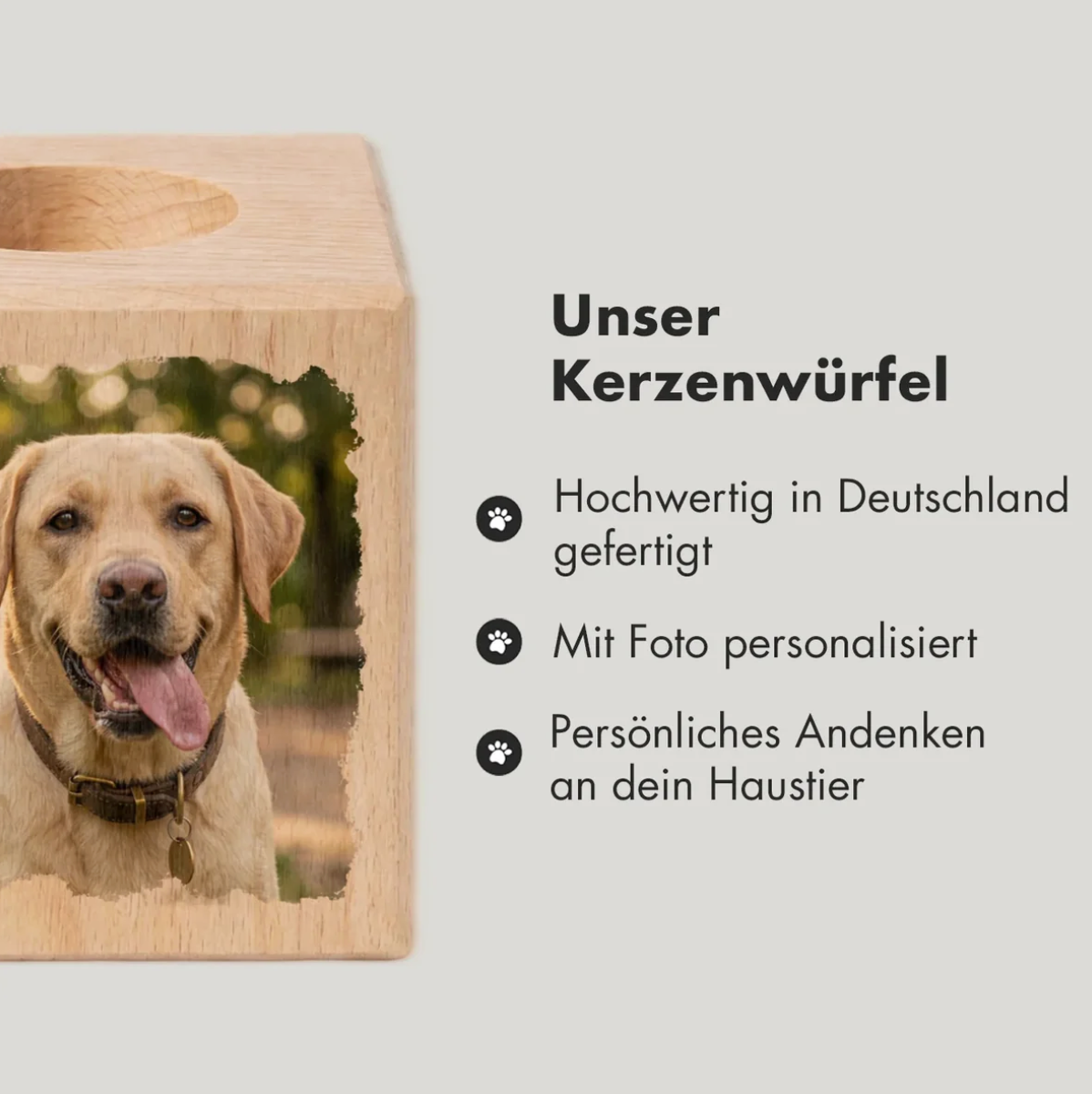 Cube photophore en bois personnalisé avec photo de chien, fabriqué en Allemagne.