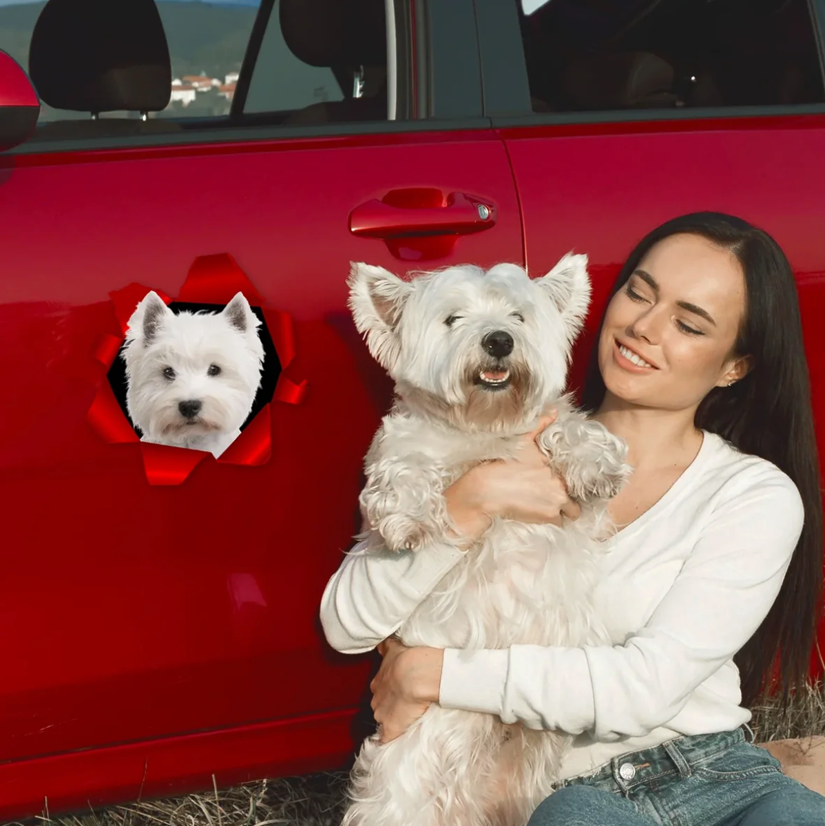 Personne avec un chien blanc, voiture rouge en arrière-plan, autocollant de voiture avec photo de chien.