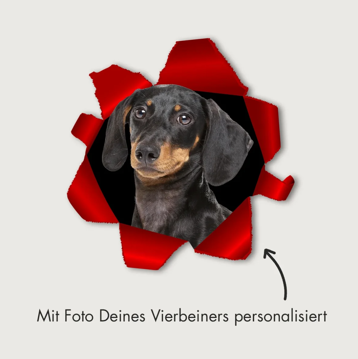 Autocollant de voiture personnalisé avec photo de chien sur fond rouge.