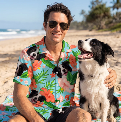 Homme à lunettes de soleil portant une chemise hawaïenne personnalisée à motifs de chiens, assis sur la plage à côté d'un chien.