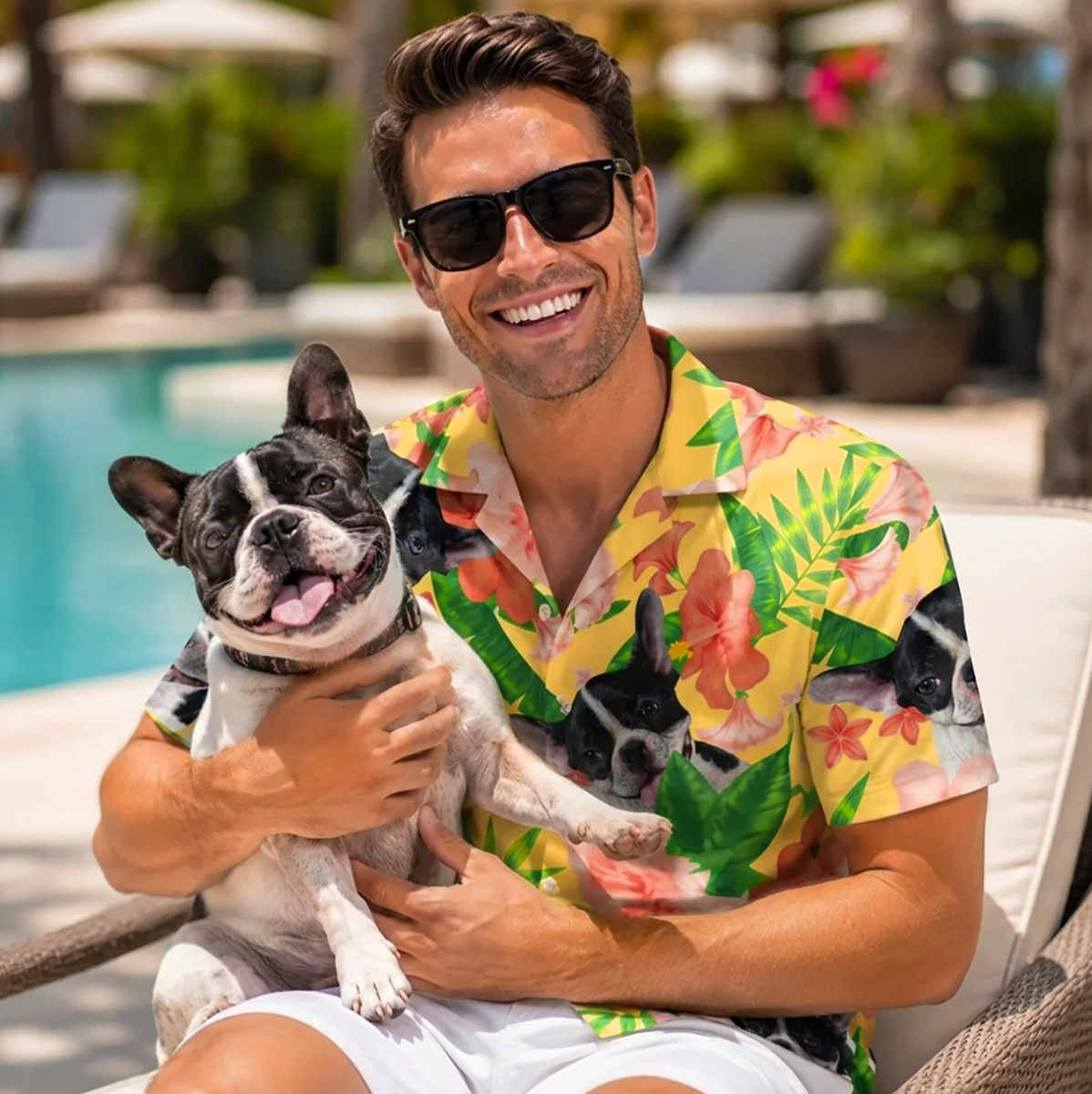 Chemises hawaïennes personnalisées à motif coloré de fleurs et de plantes, portées par un homme avec un chien.