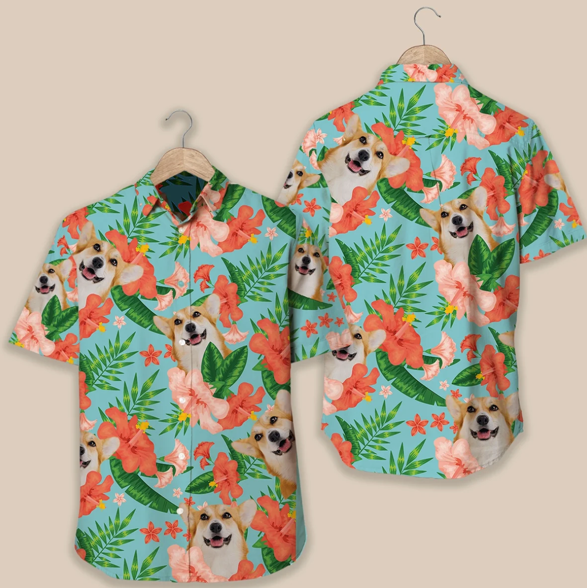 Chemise hawaïenne personnalisée avec design floral coloré et motif de chien, en matière légère.