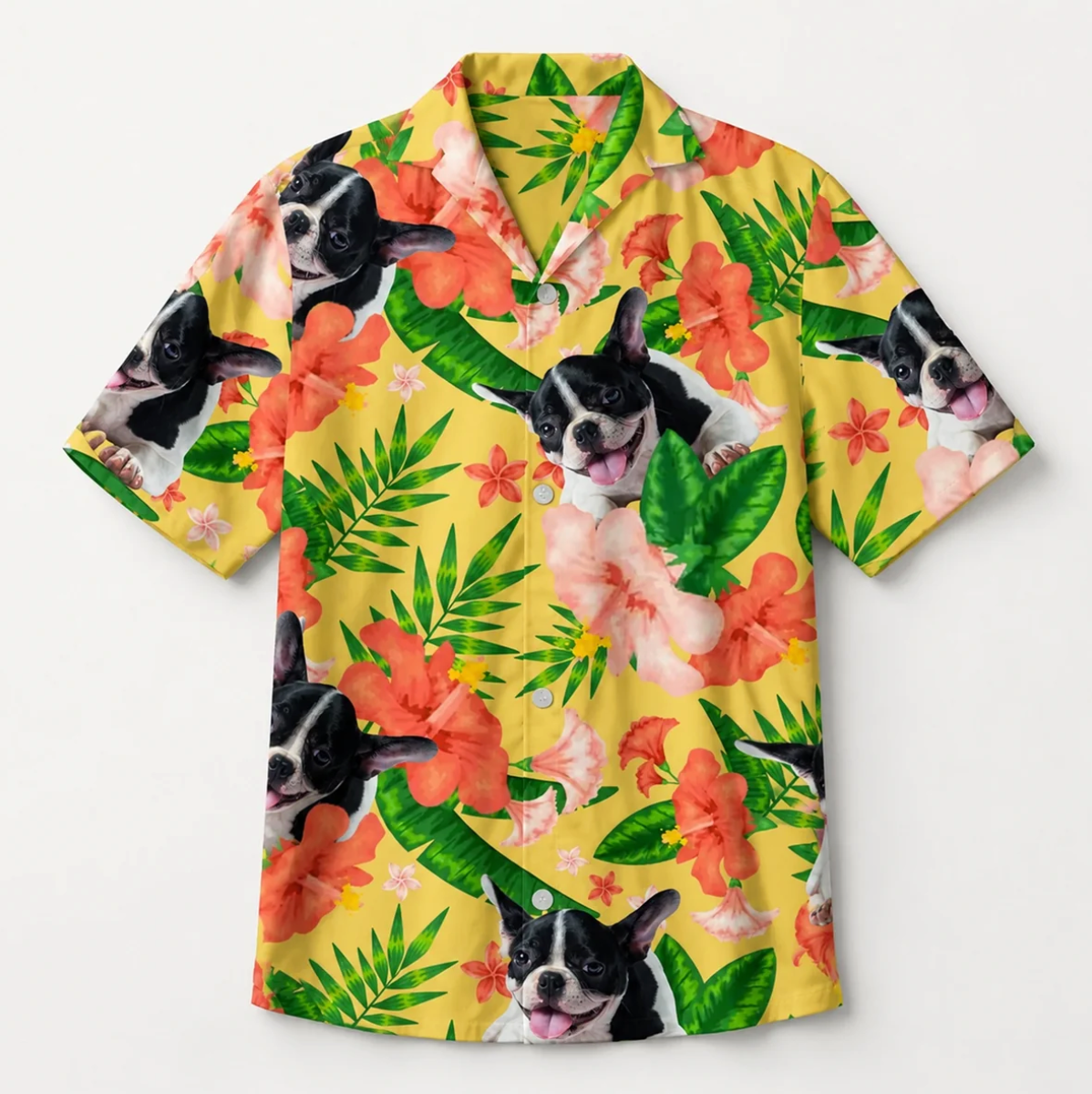 Chemise hawaïenne personnalisée à motif coloré de fleurs et de chiens sur fond jaune.
