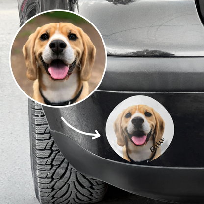 Autocollant de voiture personnalisé avec photo d'un beagle et l'inscription "Bau".