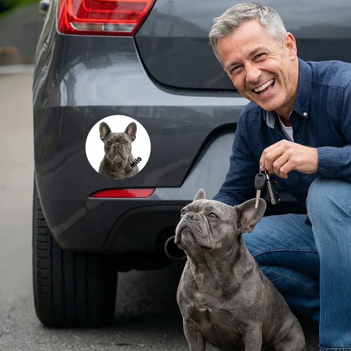 Autocollant de voiture personnalisé avec image de chien sur une voiture grise, à côté d'un homme souriant avec un chien.