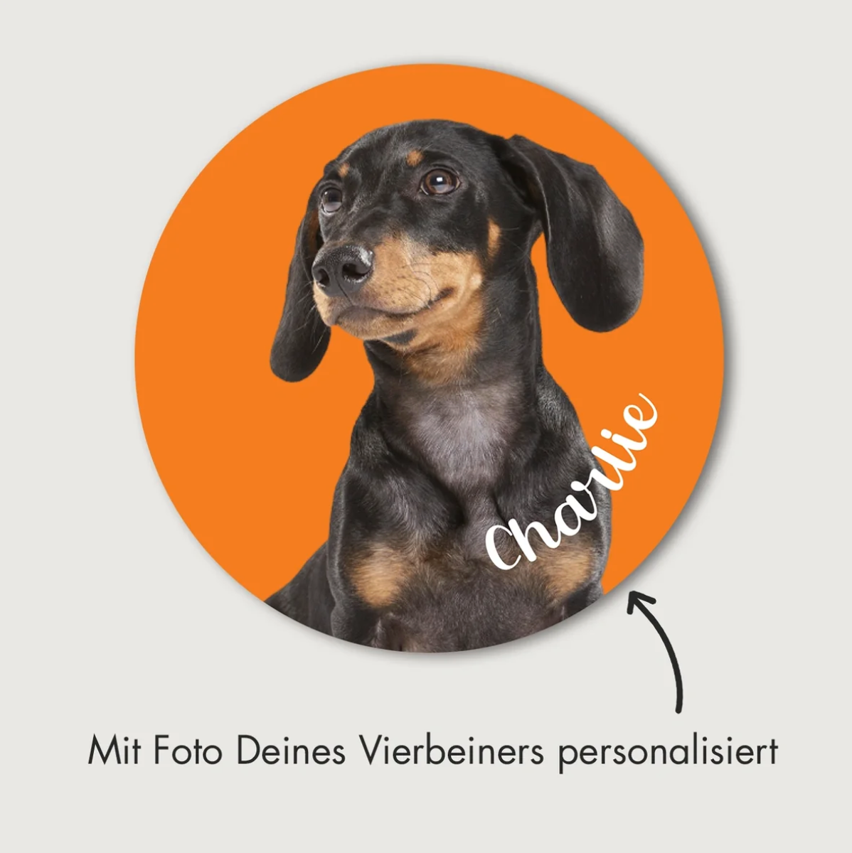 Autocollant de voiture rond avec photo de chien, fond orange et texte personnalisé "Charlie".