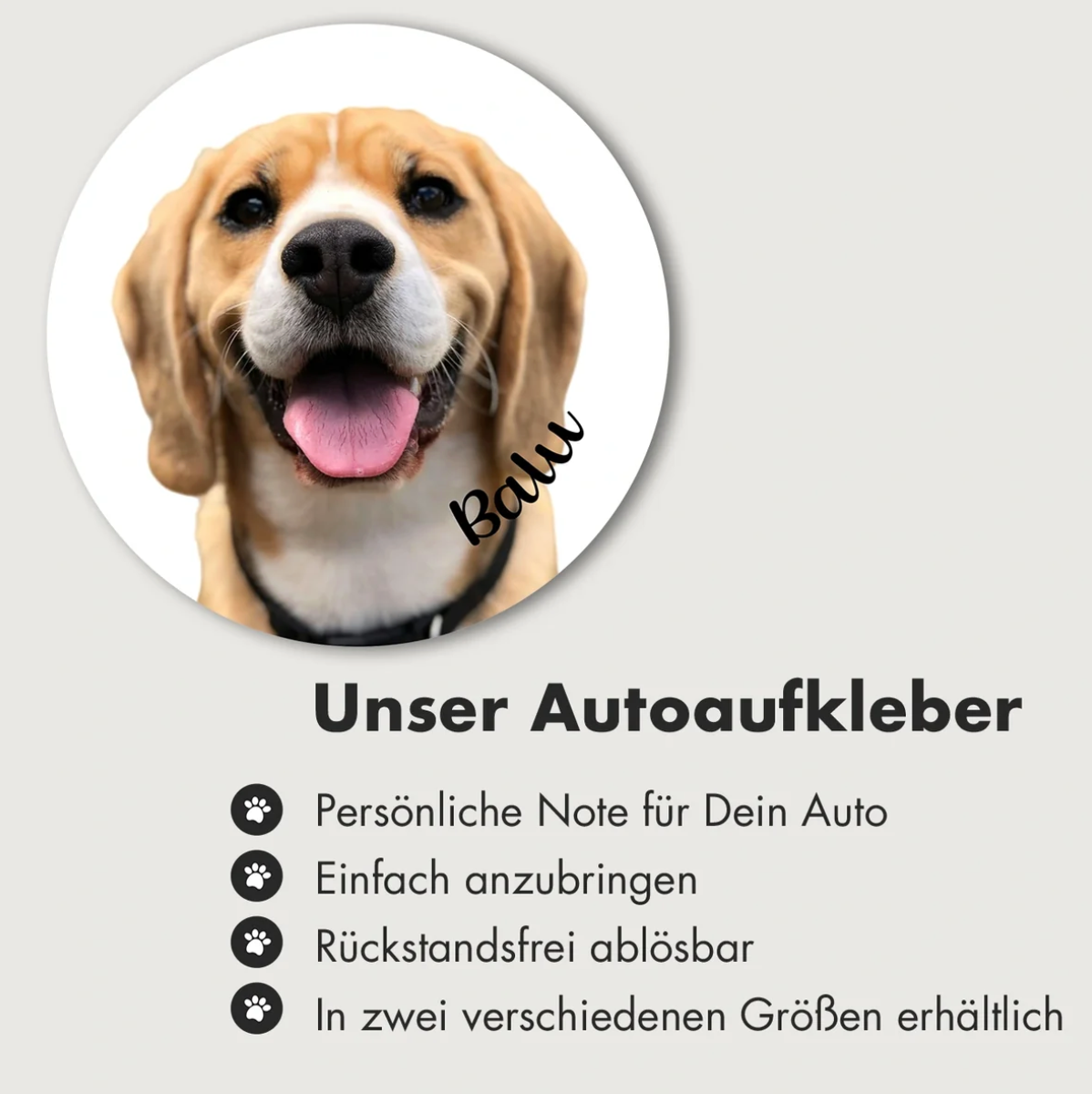 Autocollant de voiture rond avec photo d'un beagle et l'inscription "Balu".