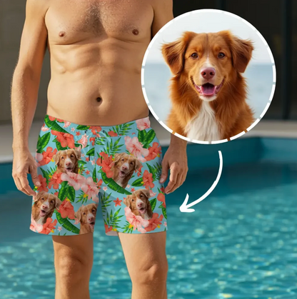 Short de bain personnalisé avec design floral coloré et motif de chien sur fond bleu.