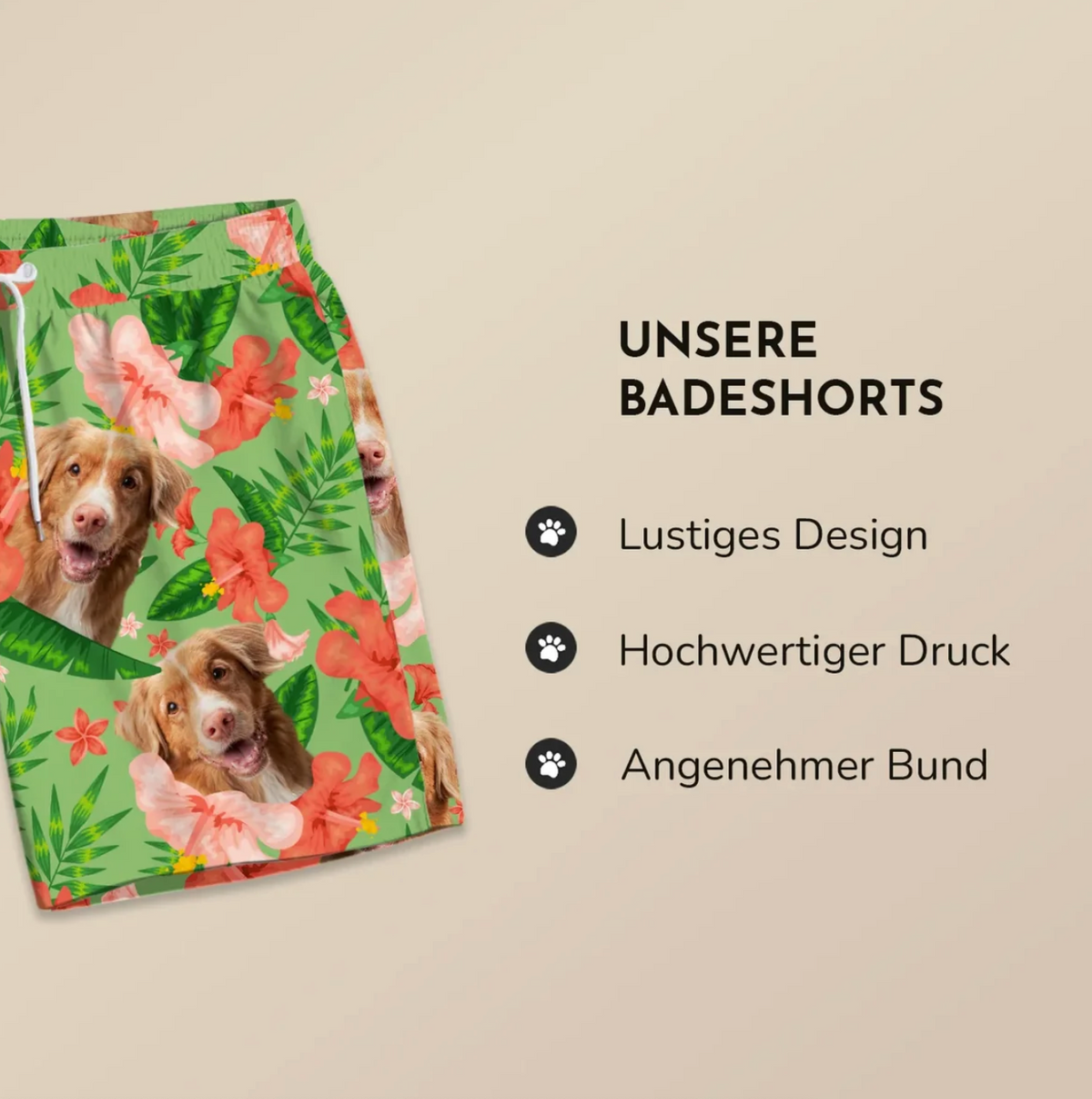 Short de bain personnalisé avec motif floral coloré et photo de chien, fond vert et taille élastique.