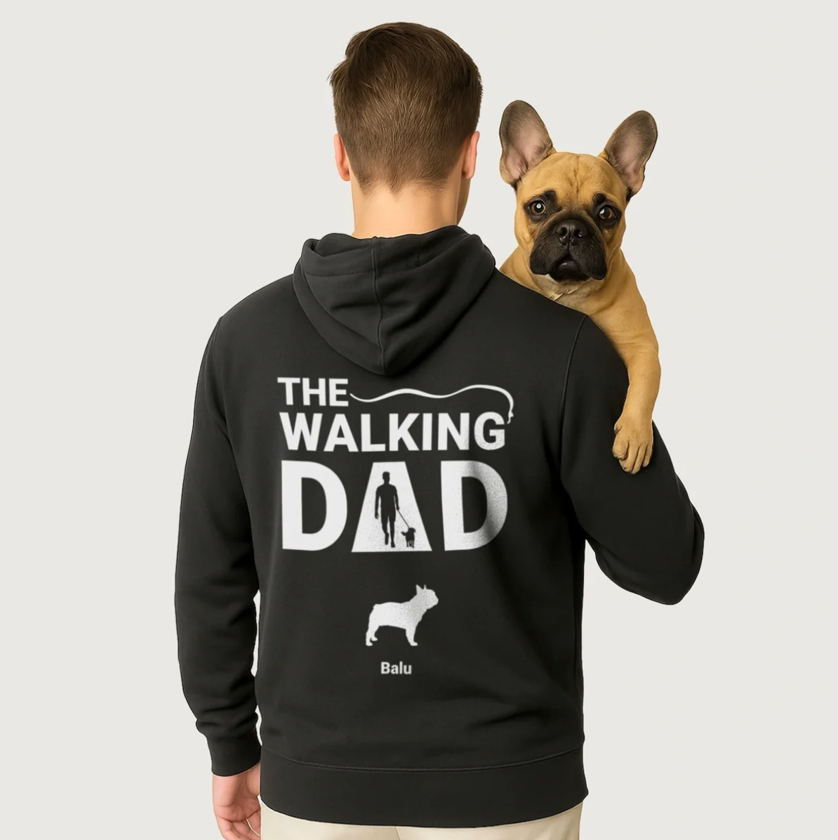 Sweat à capuche noir avec l'inscription "THE WALKING DAD" et un motif de chien au dos.