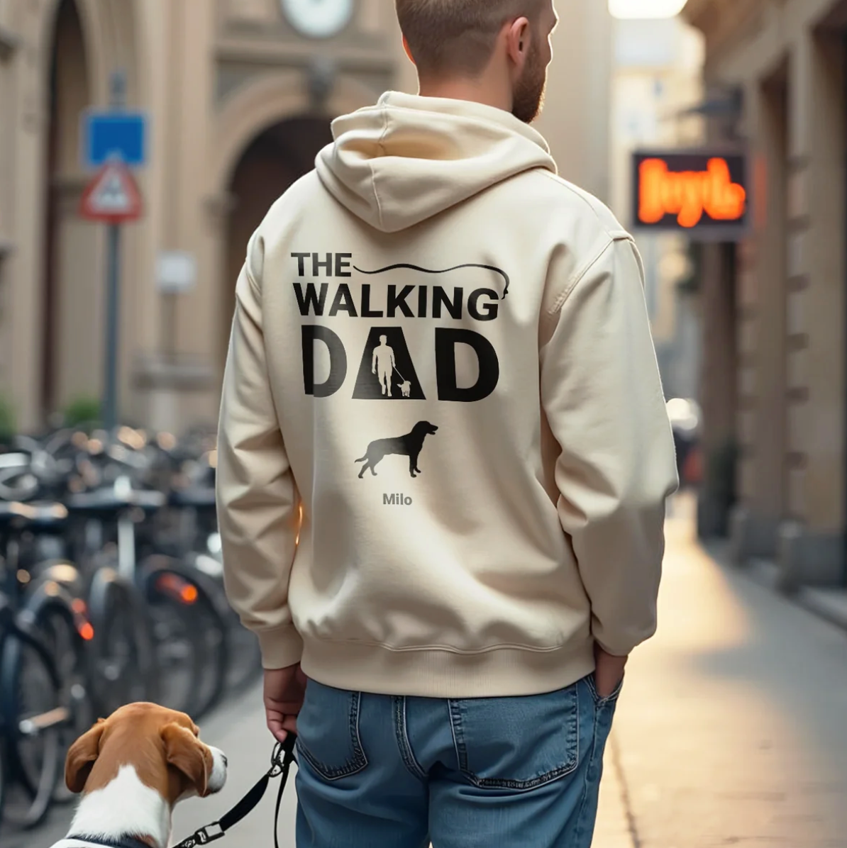 Sweat à capuche beige avec l'inscription "THE WALKING DAD" et motif de chien, idéal pour les parents de chiens.