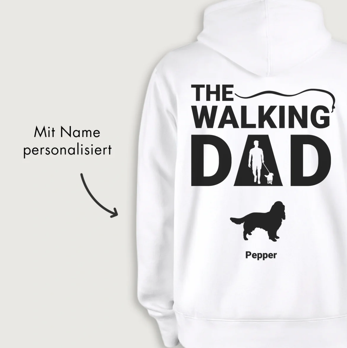 Sweat à capuche blanc avec impression graphique "THE WALKING DAD" et nom personnalisable.