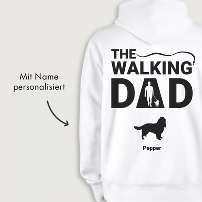 Sweat à capuche blanc avec impression graphique "THE WALKING DAD" et nom personnalisable.