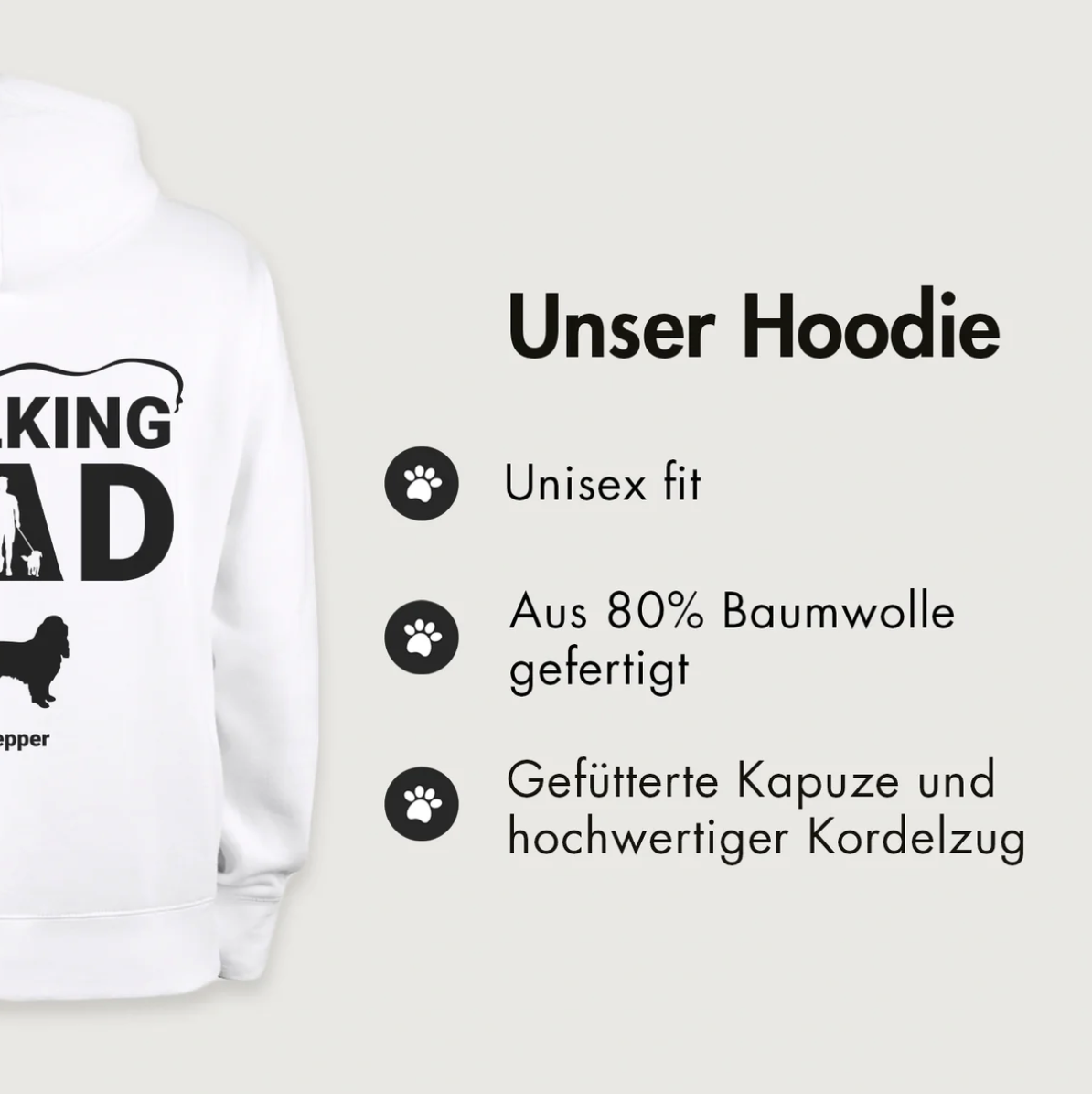 Sweat à capuche blanc avec l'inscription "The Walking Dad", 80 % coton, coupe unisexe, capuche doublée.