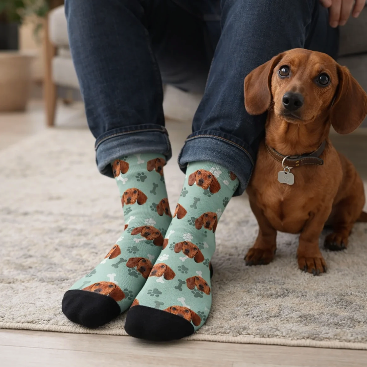 Chaussettes personnalisées vert menthe avec motif de chien et pied noir, portées par une personne. Chien assis à côté.