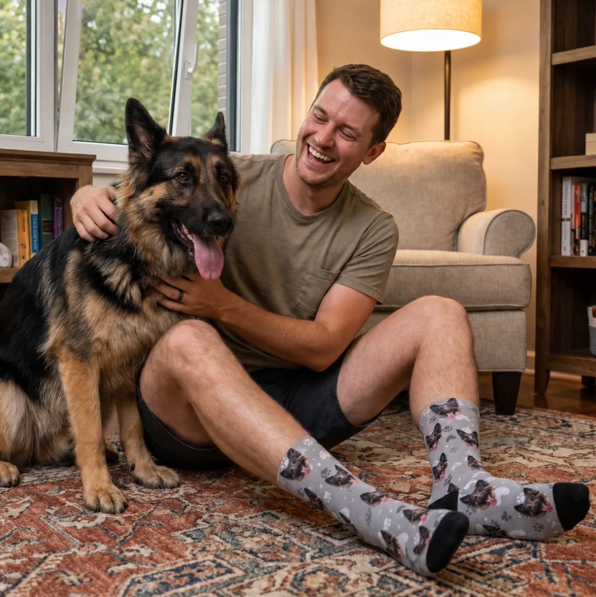 Chaussettes personnalisées grises avec motif de chien et touches noires et roses, portées par un homme avec un chien.