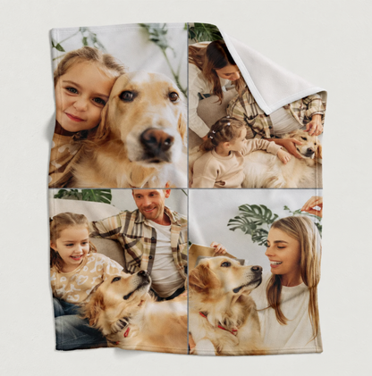 Couverture pour animal personnalisée avec photos d'un chien et d'une famille en quatre images carrées.