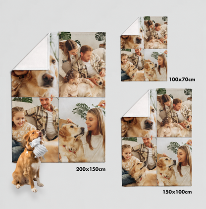 Couverture pour animal personnalisée en différentes tailles avec photos de famille et de chien, matière douce.