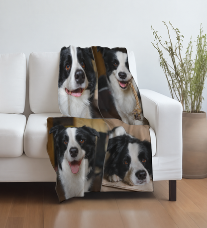Couverture pour animal personnalisée avec photos de chiens noir et blanc sur un canapé blanc.