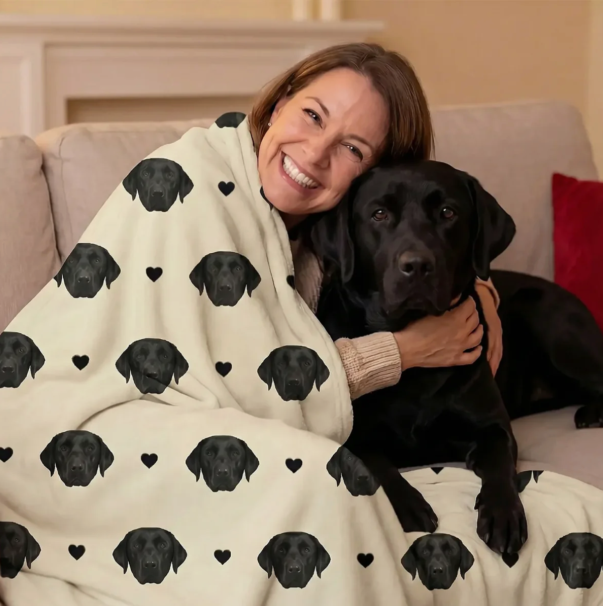 Couverture personnalisée avec têtes de chiens noires sur fond beige, enveloppant une femme souriante.