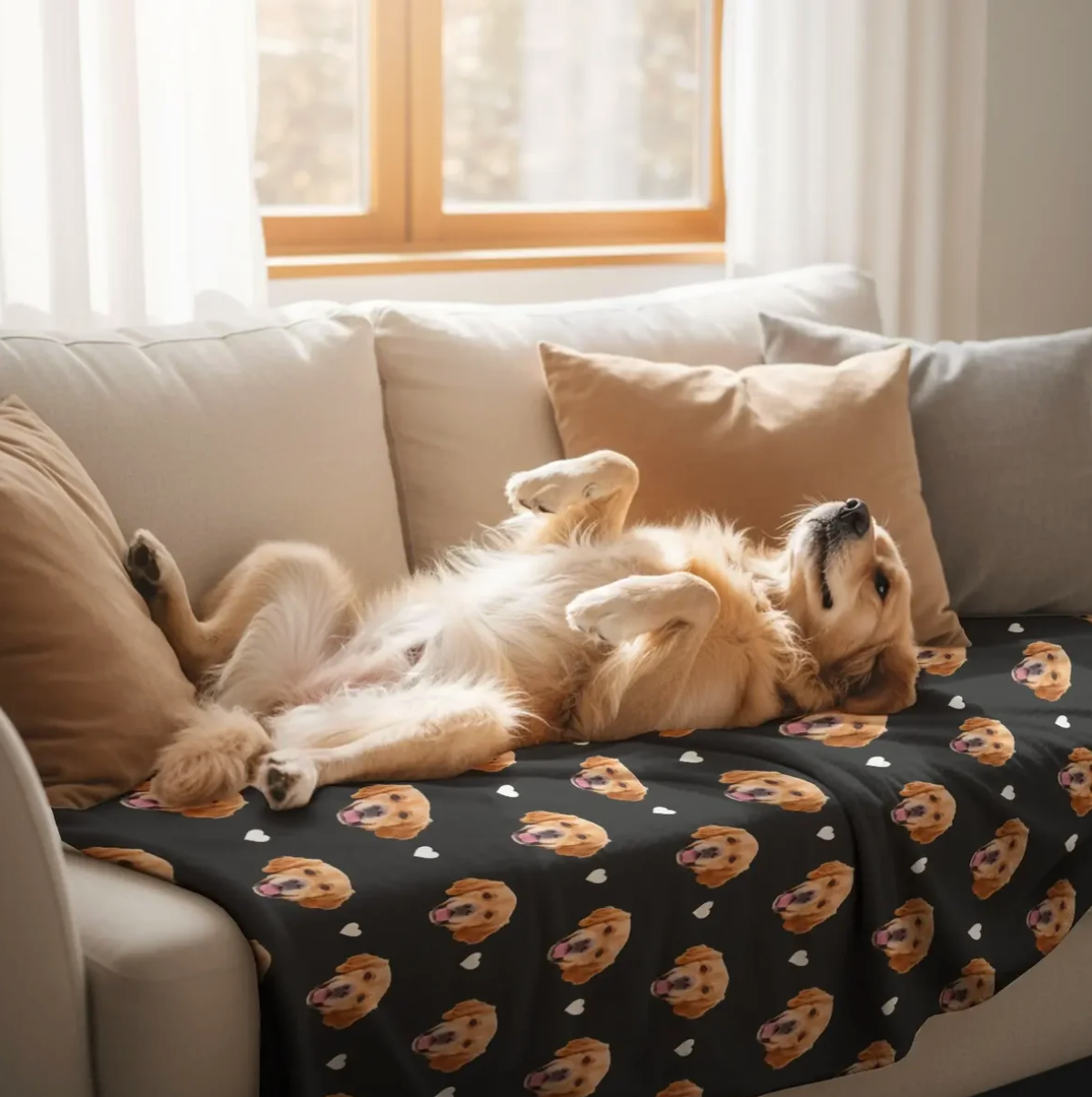Une couverture personnalisée avec têtes de chiens sur fond noir, décorée de cœurs, sur un canapé.