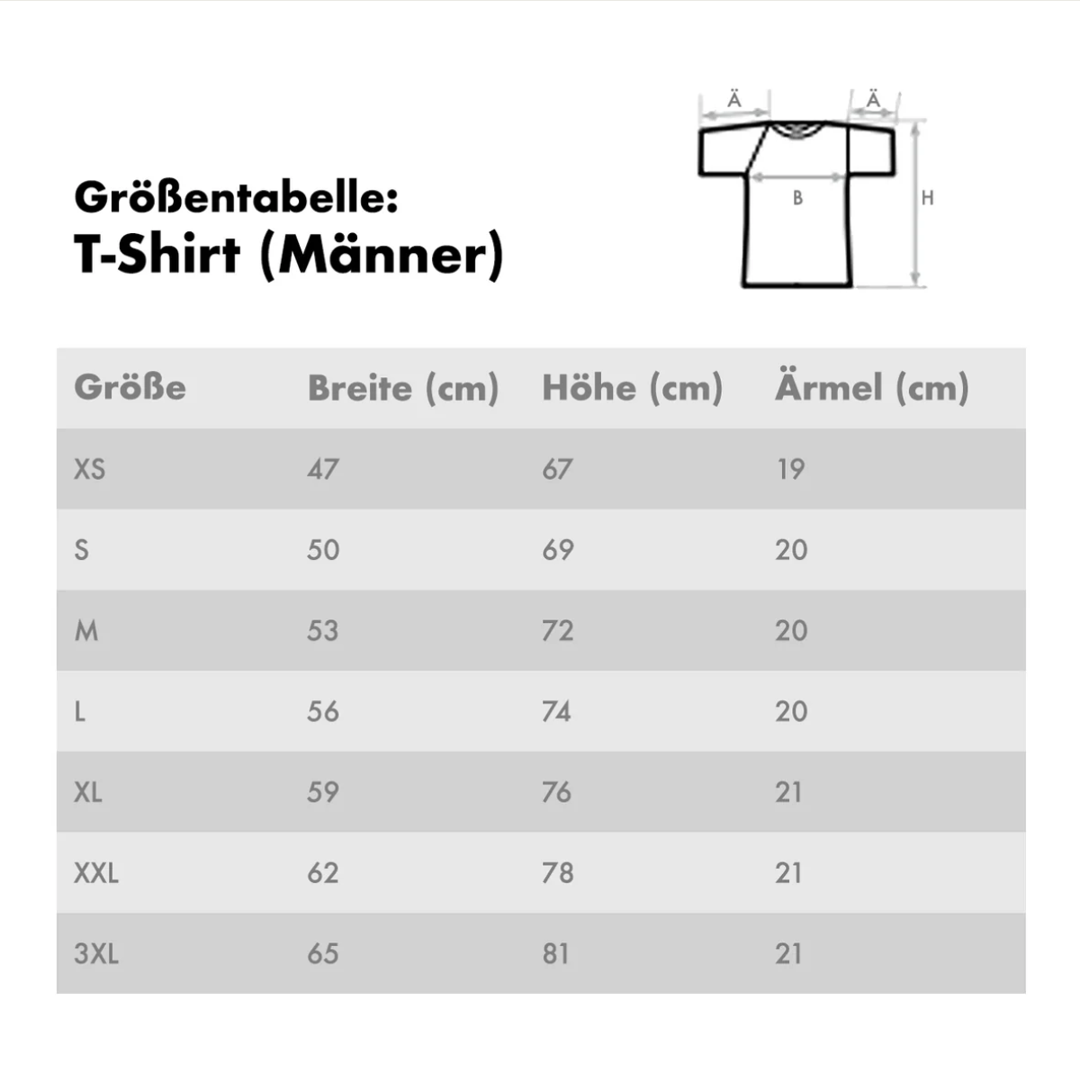 Guide des tailles pour T-shirts homme personnalisés avec mesures en cm.