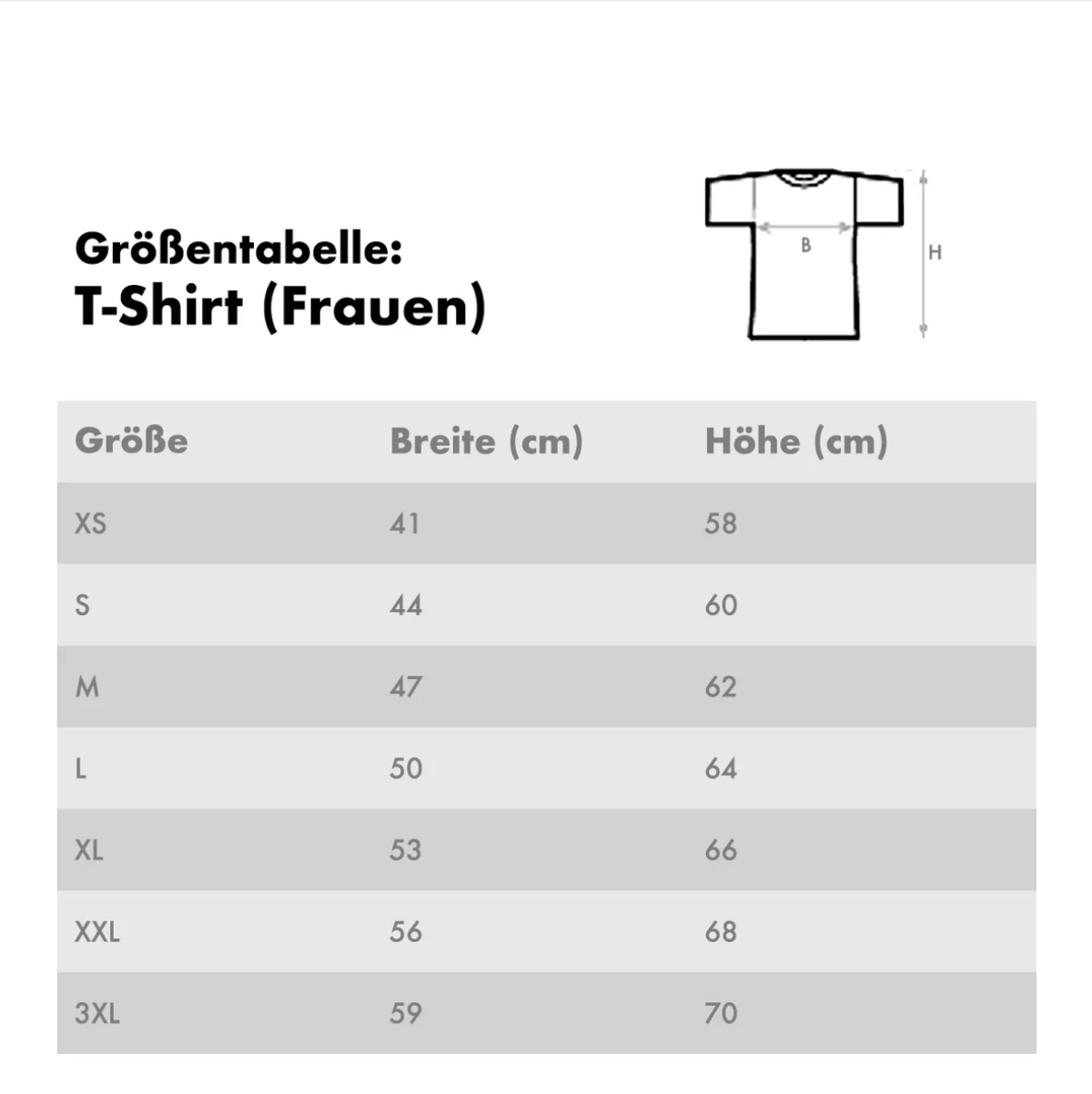 Guide des tailles pour T-shirts femme avec mesures de largeur et de longueur.