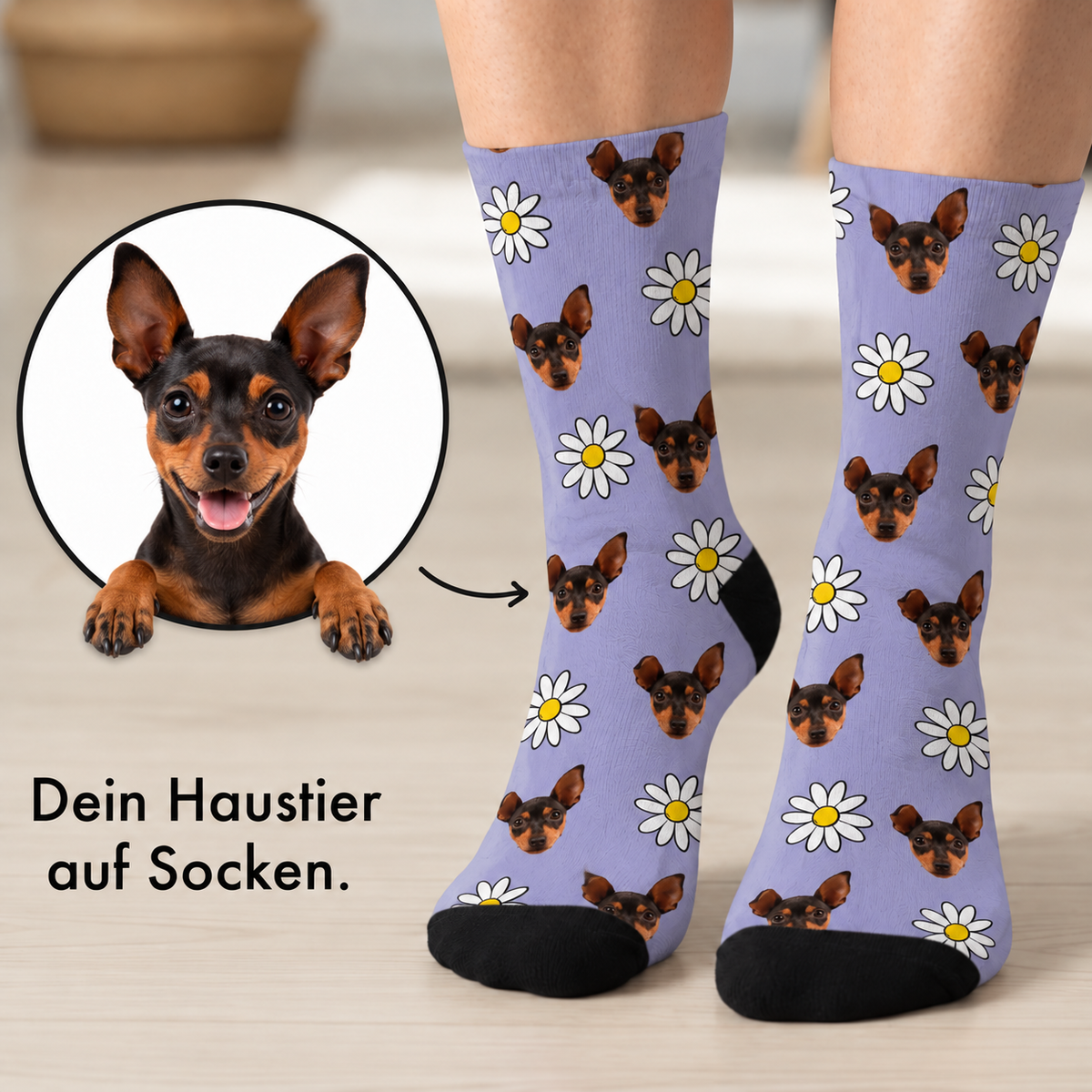 Chaussettes personnalisées avec fond violet, imprimées de têtes de chiens et de fleurs.
