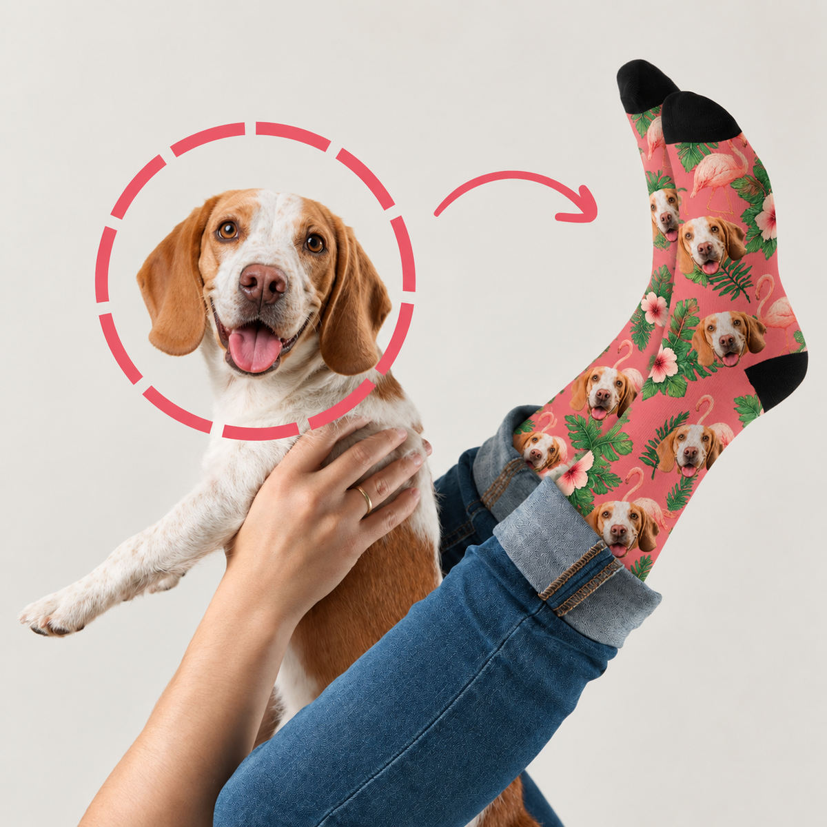 Chaussettes personnalisées au design coloré oiseau de paradis, fond rose et motifs de chiens. Coton mélangé.