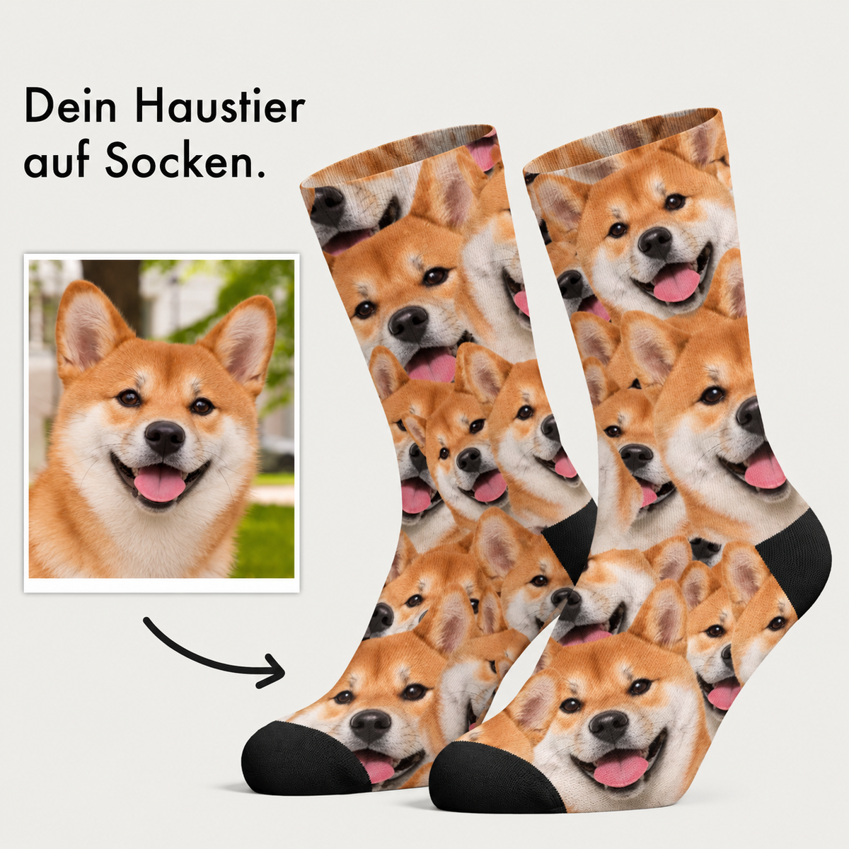 Chaussettes personnalisées avec motif photo coloré de chiens, principalement orange et noir.