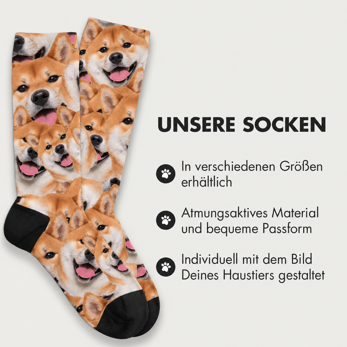 Chaussettes personnalisées avec motif photo de shiba inu, matière respirante, pointes noires.