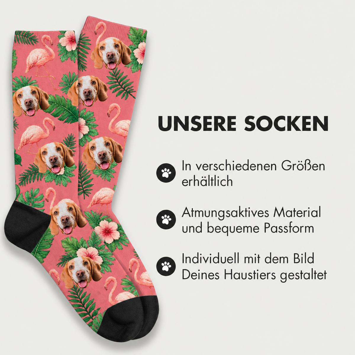 Chaussettes personnalisées avec motif coloré d'oiseaux et d'animaux sur fond rose, en matière respirante.