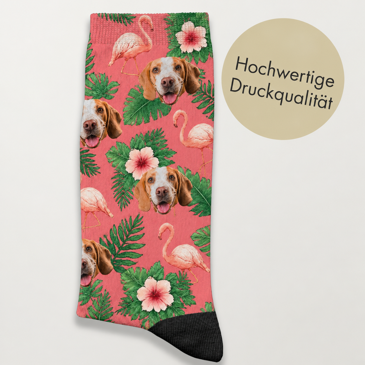 Chaussettes corail avec têtes de chiens, flamants roses et plantes tropicales. Impression de qualité.