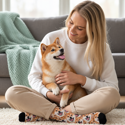 Chaussettes personnalisées avec motif photo fou, représentation détaillée d'un shiba inu.