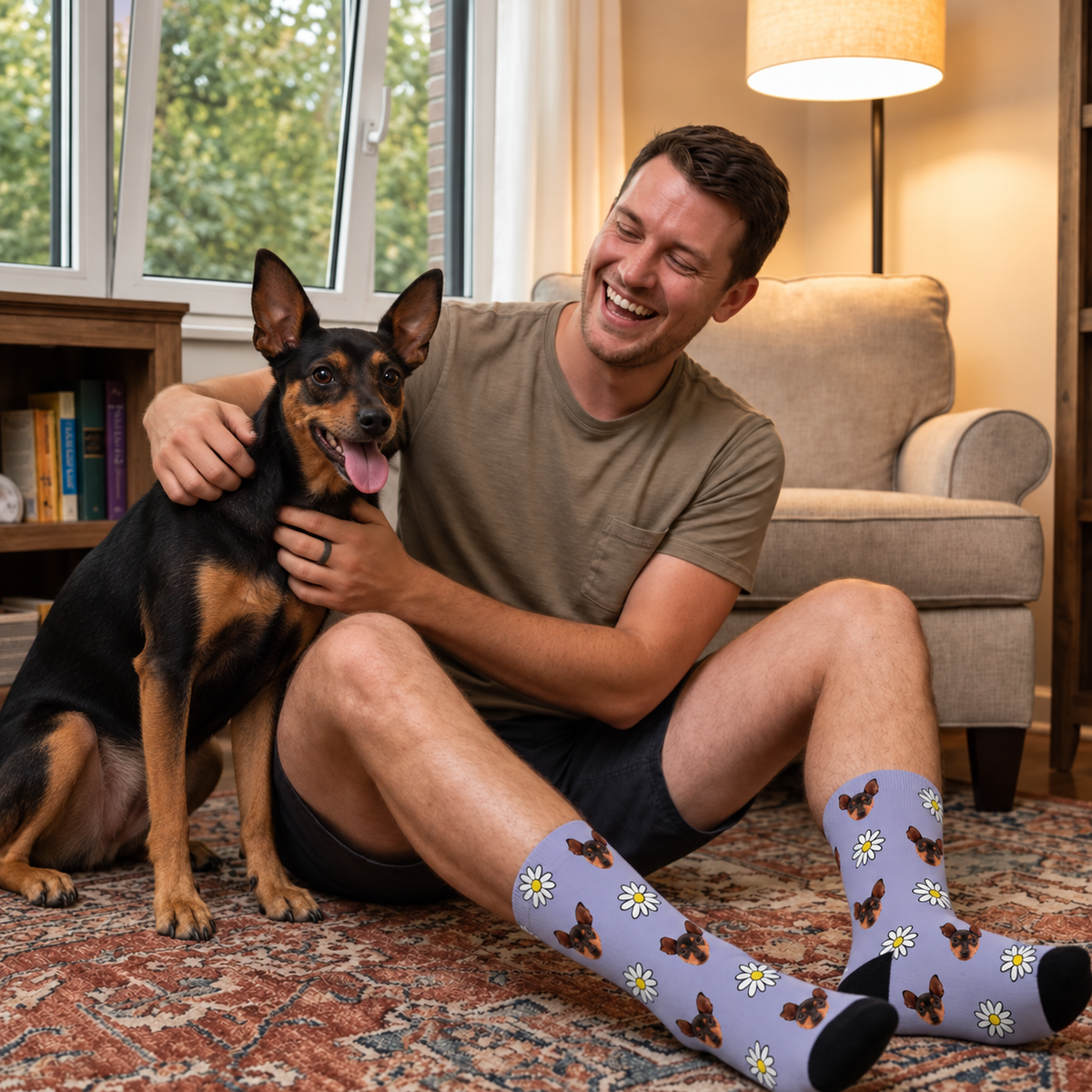 Chaussettes personnalisées violettes à motif photo de fleurs et de chiens, portées par une personne avec un chien, vue de côté.
