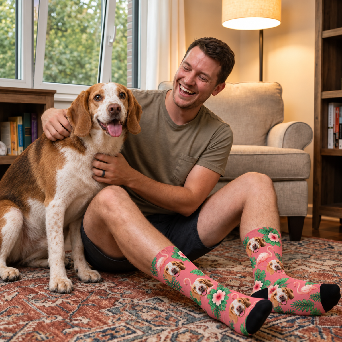Chaussettes personnalisées au design oiseau de paradis rose, portées par un homme avec un chien.