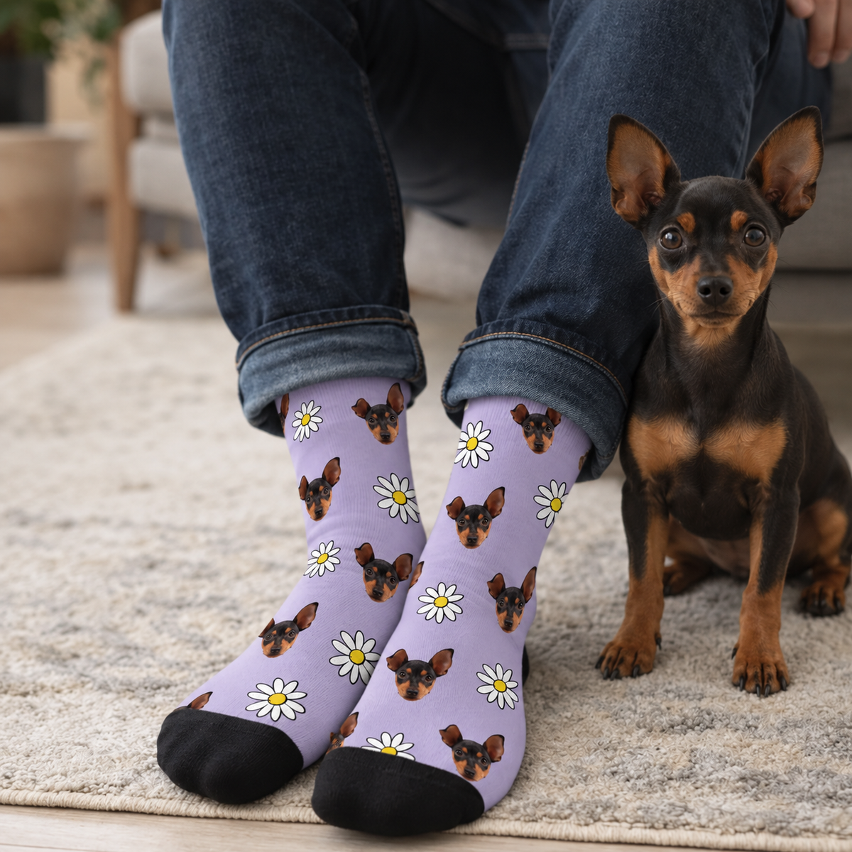 Chaussettes personnalisées avec fond violet, motif de chiens et fleurs blanches. Confortables, pointe noire.