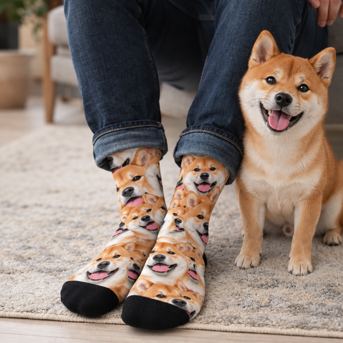 Chaussettes personnalisées avec motif photo fou de shiba inu aux couleurs vives, portées par une personne.