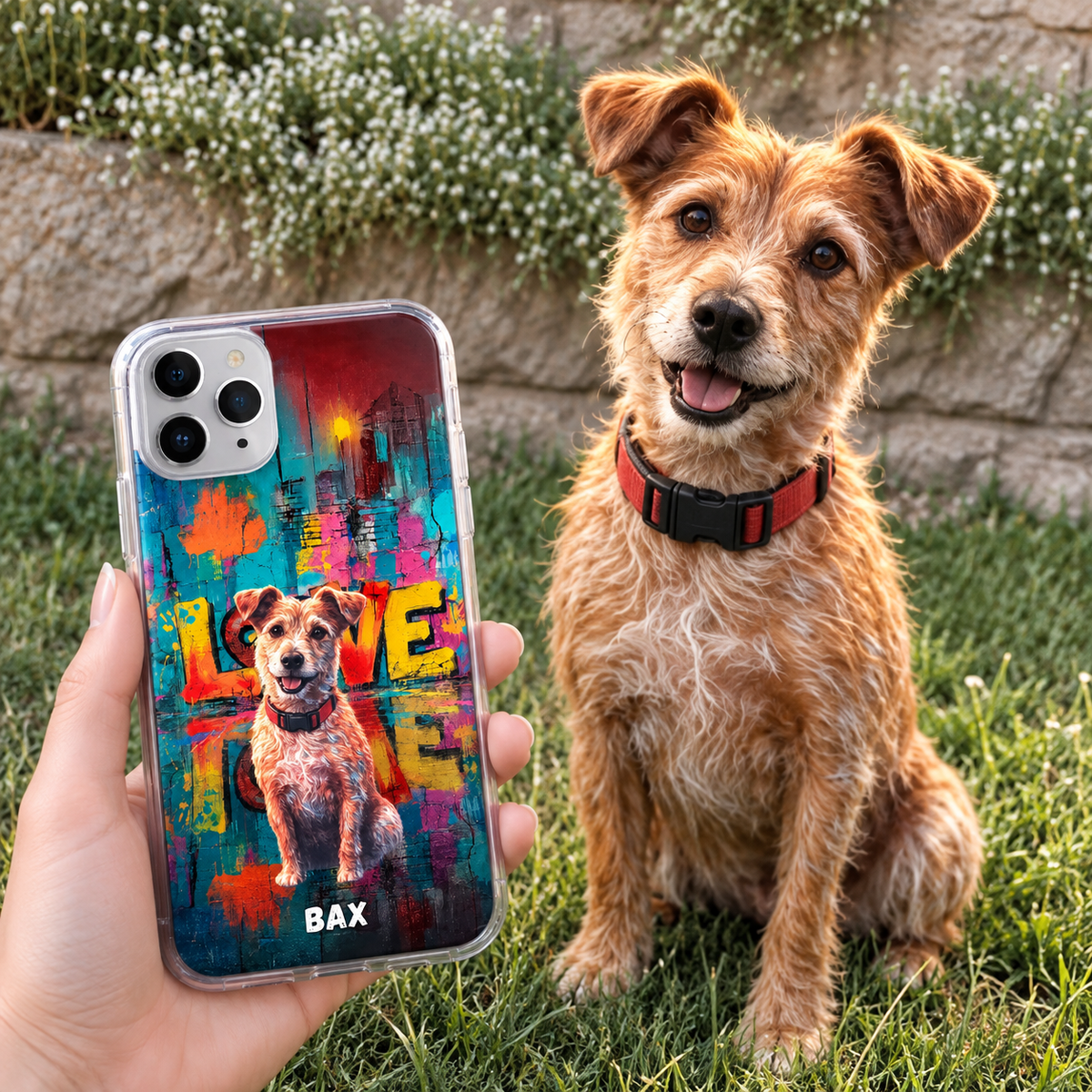 Coque de téléphone en plastique personnalisée avec design street art coloré et motif de chien.