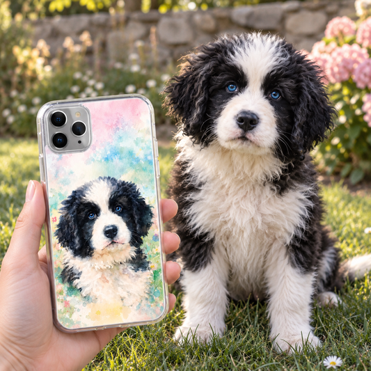 Coque de téléphone transparente avec motif de chien aquarelle, tenue par une personne en extérieur.