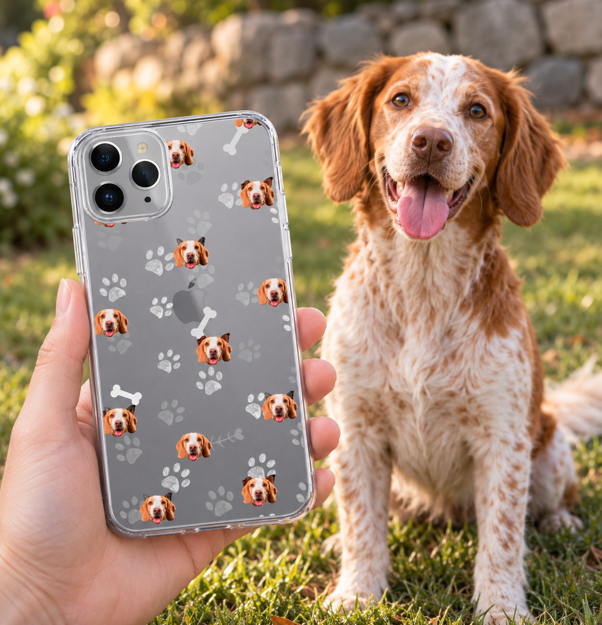 Coque de téléphone personnalisée avec têtes de chiens et motifs d'os sur fond gris.