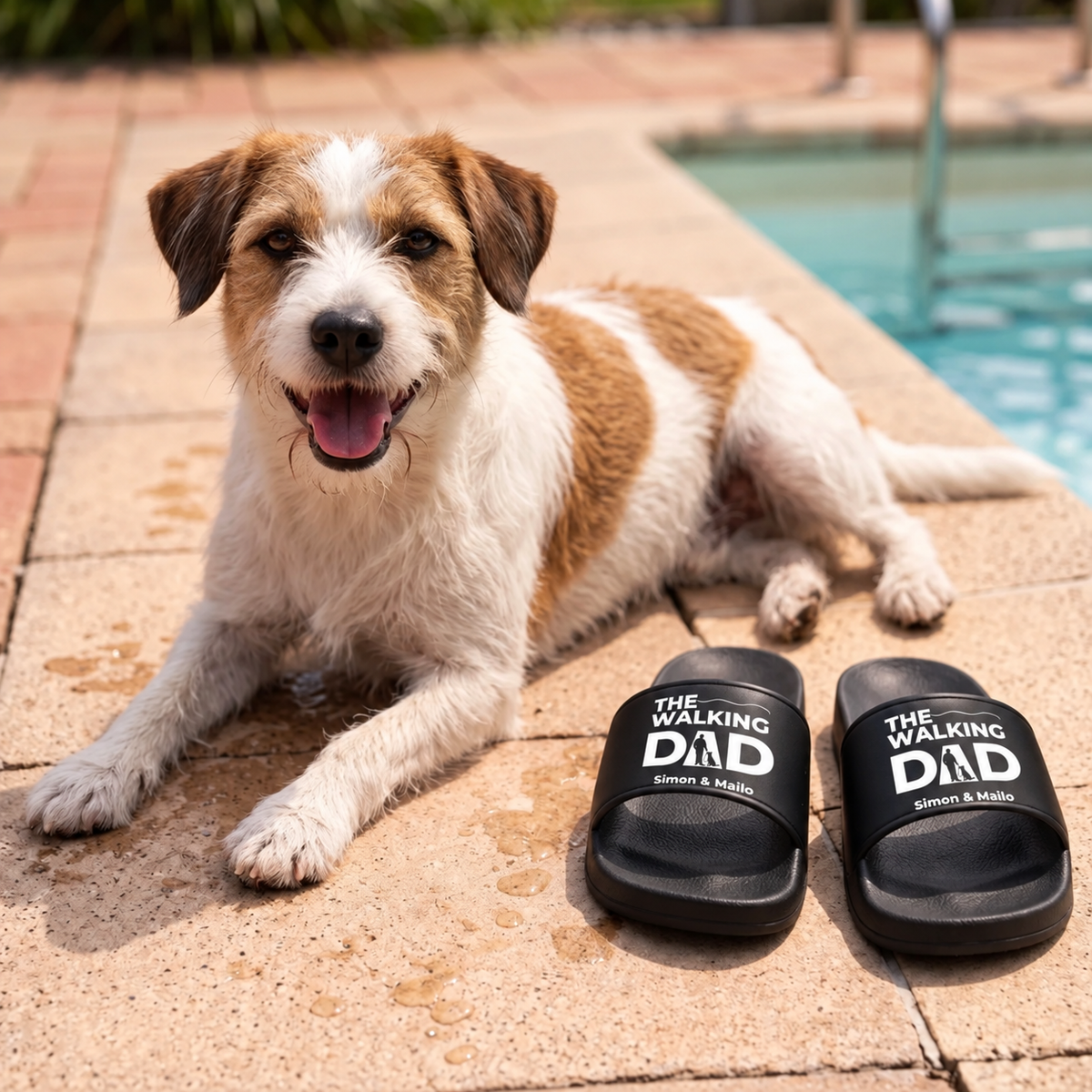 Claquettes noires personnalisées avec imprimé "THE WALKING DAD" à côté d'un chien au bord de la piscine.