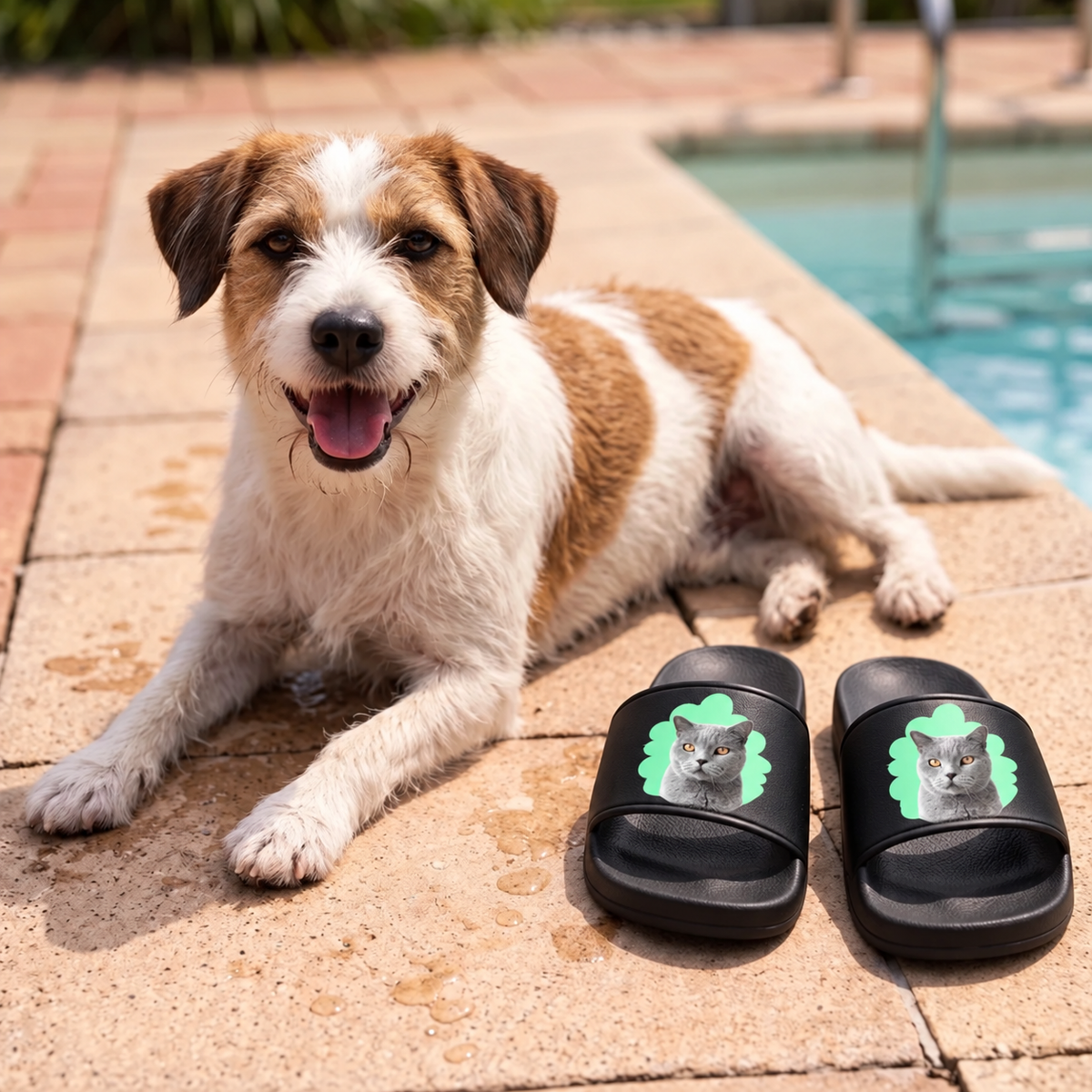 Claquettes noires avec portrait de chat sur la bride, posées à côté d'un chien sur une terrasse de piscine.