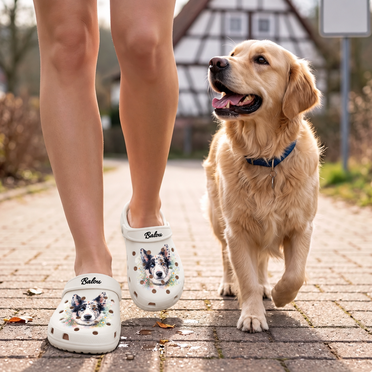 Personne portant des sabots personnalisés aux couleurs aquarelle avec motifs d'animaux, en promenade avec un chien.