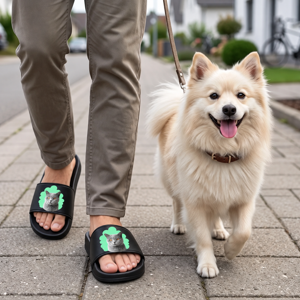 Claquettes noires personnalisées avec portrait de chat, portées par une personne en promenade avec un chien.