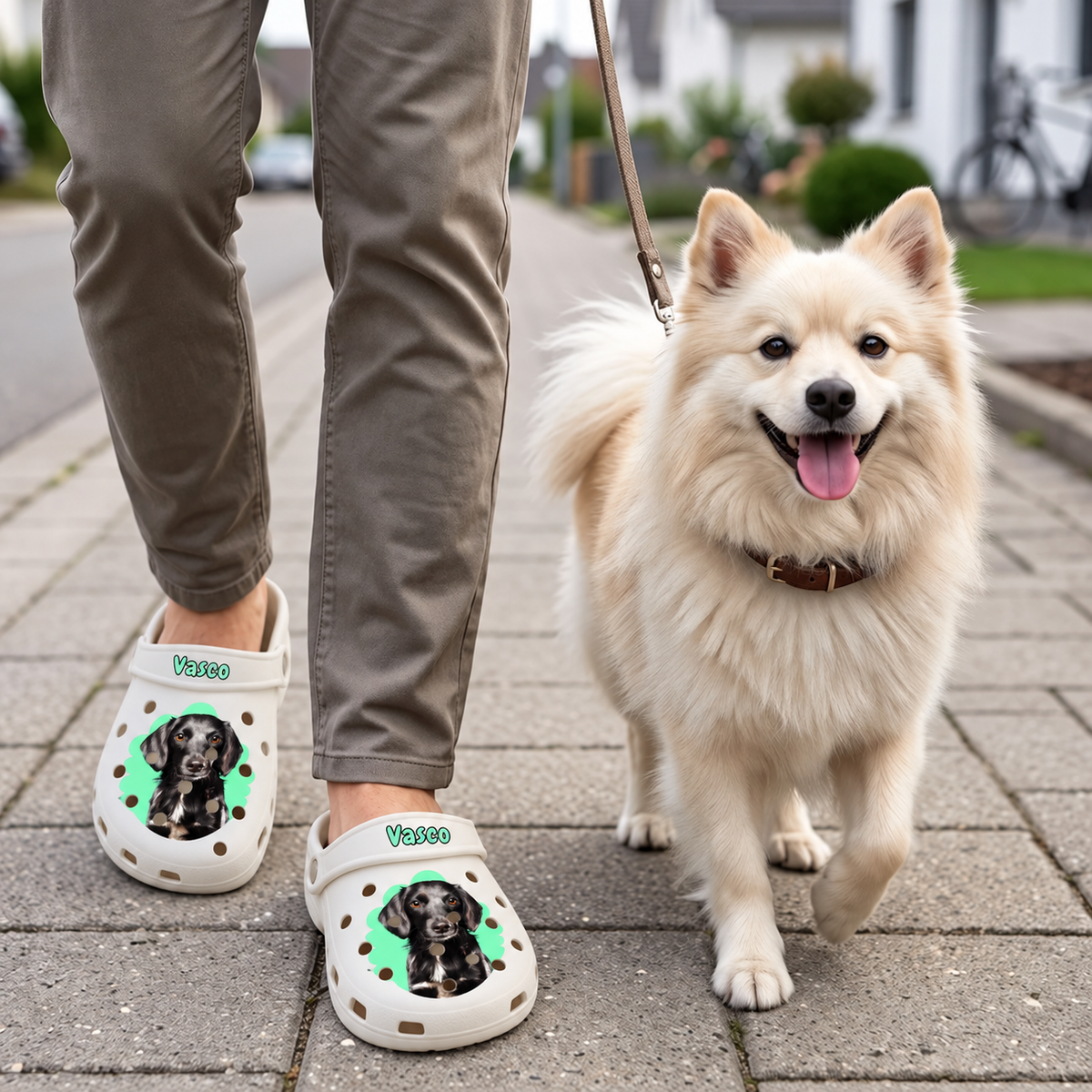 Sabots beiges personnalisés avec portrait d'animal, portés par une personne dans la rue à côté d'un chien.