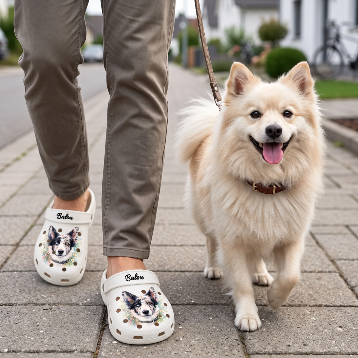 Sabots blancs personnalisés avec impression aquarelle d'un chien, portés par une personne avec un chien dans la rue.