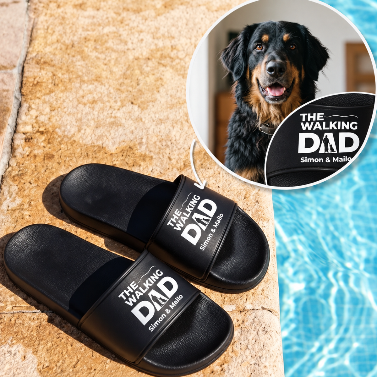 Claquettes noires avec imprimé "THE WALKING DAD" et prénoms personnalisés.